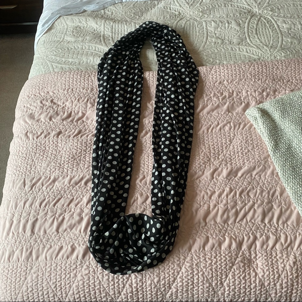 Black with white polka dot infinity scarf. Super nice material fall outfit